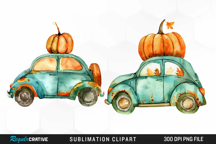 Watercolor Pumpkin Car Artwork Clipart