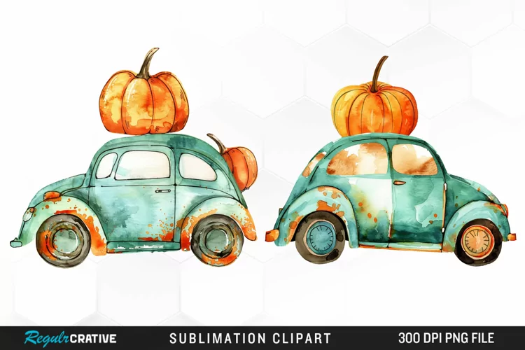 Watercolor Pumpkin Car Graphic Clipart