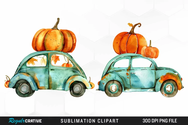 Watercolor Pumpkin Car Graphic Clipart