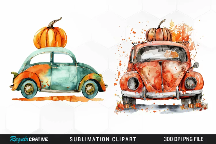 Watercolor Pumpkin Car Graphic Clipart