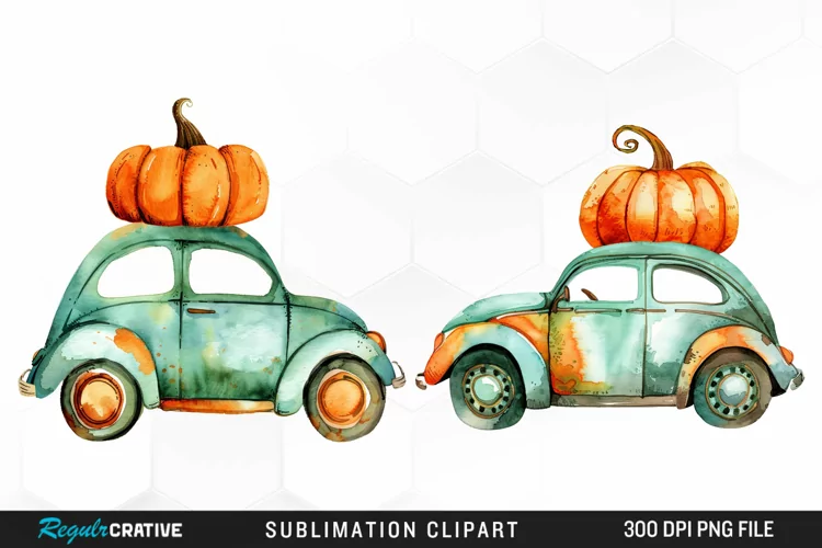 Watercolor Pumpkin Car Graphic Clipart