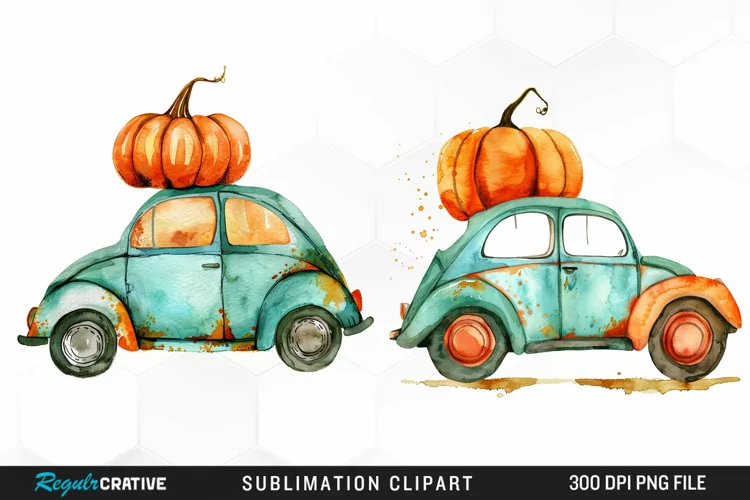 Watercolor Pumpkin Car Artwork Clipart