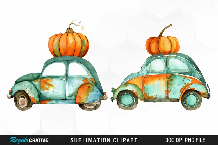 Watercolor Pumpkin Car Graphic Clipart