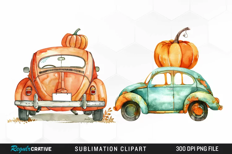 Watercolor Pumpkin Car Artwork Clipart