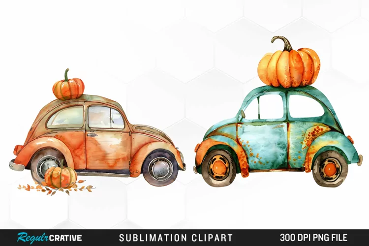 Watercolor Pumpkin Car Artwork Clipart