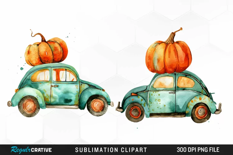 Watercolor Pumpkin Car Graphic Clipart