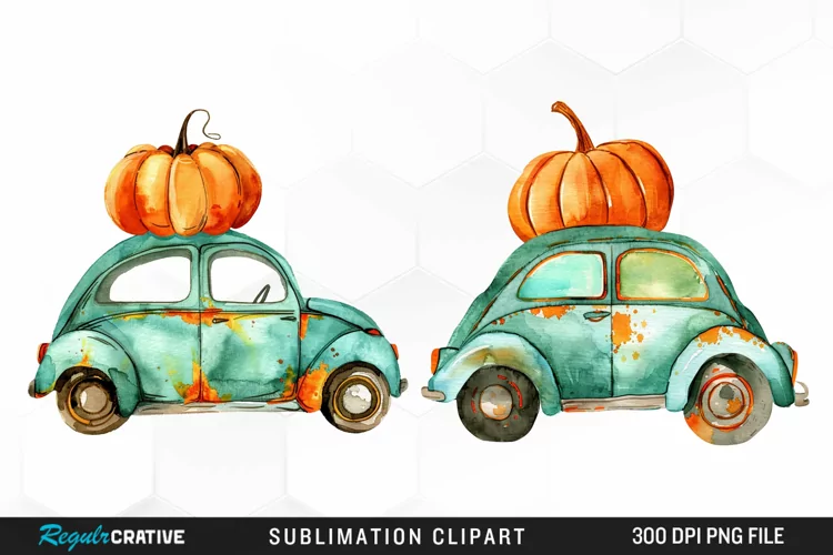 Watercolor Pumpkin Car Graphic Clipart