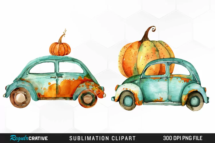 Watercolor Pumpkin Car Artwork Clipart