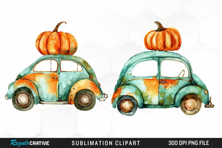 Watercolor Pumpkin Car Graphic Clipart