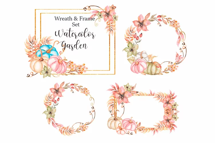 Watercolor Pumpkins and Florals Frame Set
