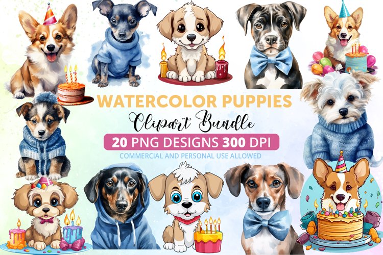 Watercolor Puppies Clipart Bundle