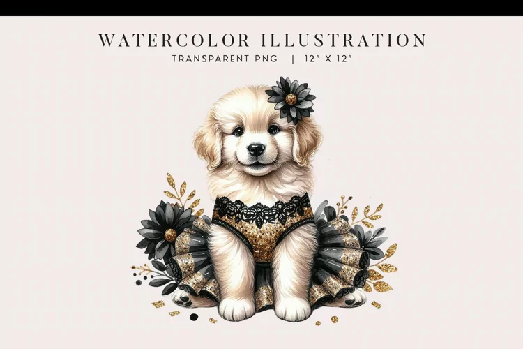 Watercolor Puppy New Year’s Party Clipart PNG