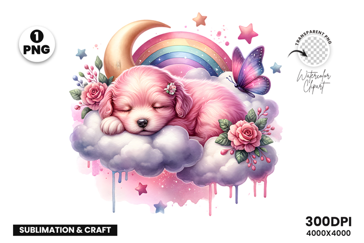 Watercolor Puppy Rainbow Cloud Clipart Sublimation PNG