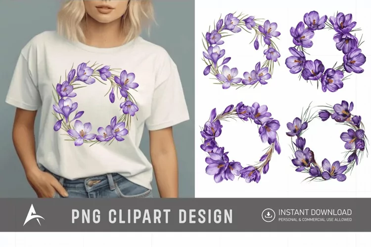 Watercolor Purple Crocus Flower Wreaths Clipart