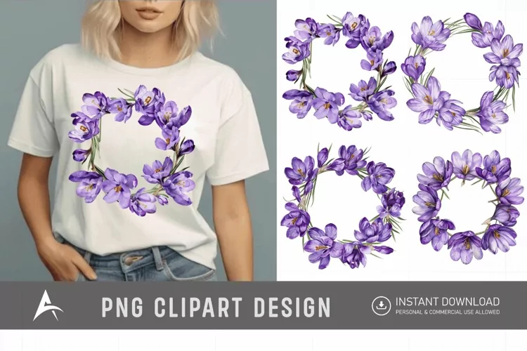 Watercolor Purple Crocus Flower Wreaths Clipart