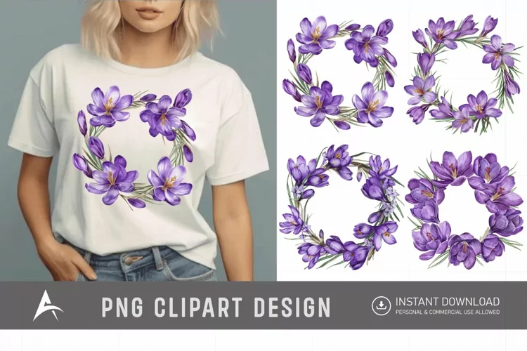 Watercolor Purple Crocus Flower Wreaths Clipart