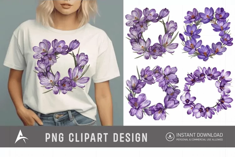 Watercolor Purple Crocus Flower Wreaths Clipart