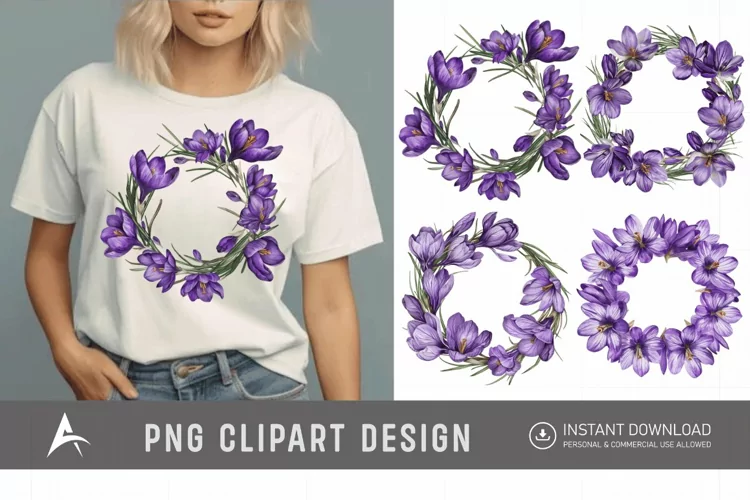 Watercolor Purple Crocus Flower Wreaths Clipart