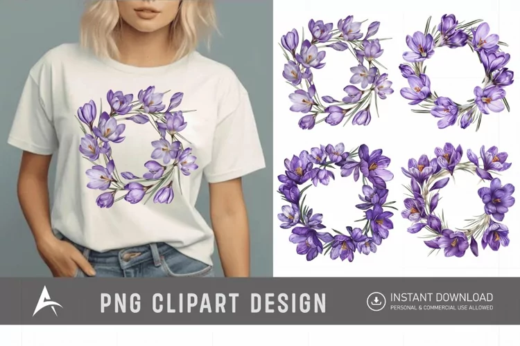 Watercolor Purple Crocus Flower Wreaths Clipart