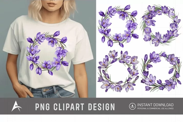 Watercolor Purple Crocus Flower Wreaths Clipart
