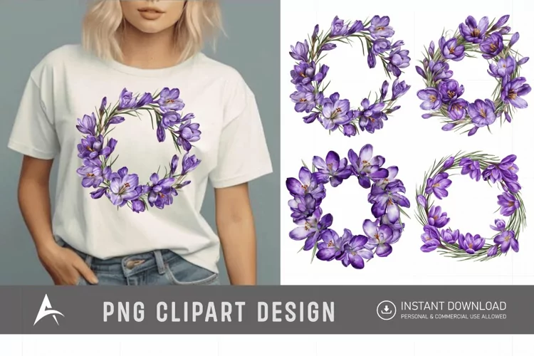 Watercolor Purple Crocus Flower Wreaths Clipart