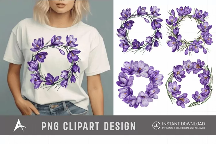 Watercolor Purple Crocus Flower Wreaths Clipart