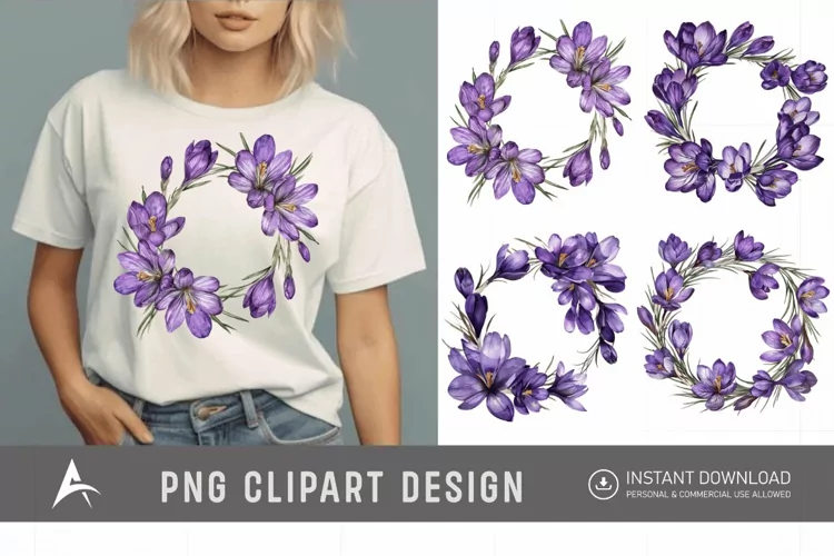Watercolor Purple Crocus Flower Wreaths Clipart
