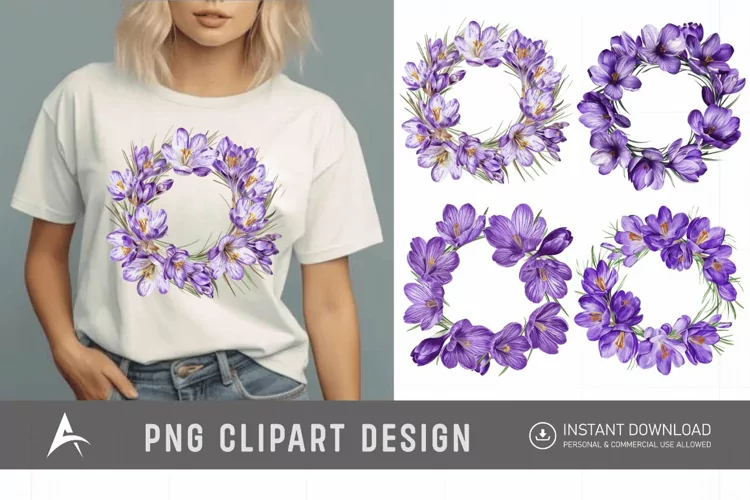 Watercolor Purple Crocus Flower Wreaths Clipart