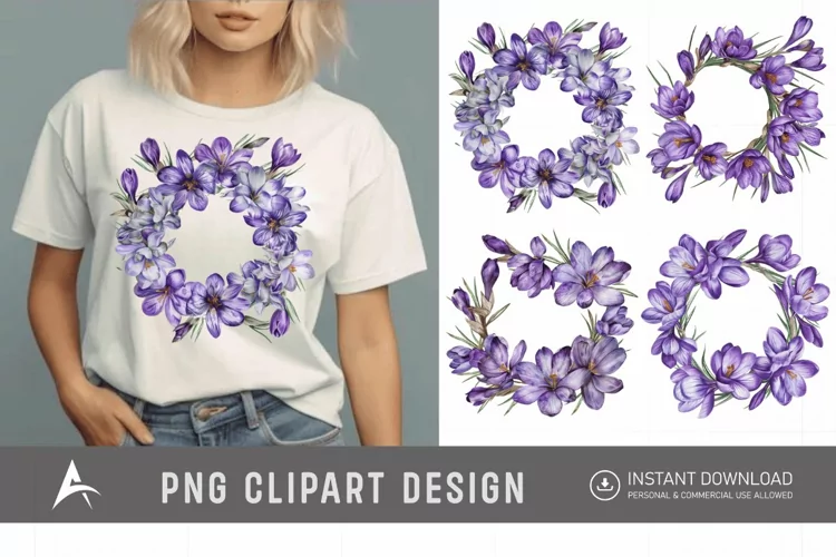 Watercolor Purple Crocus Flower Wreaths Clipart