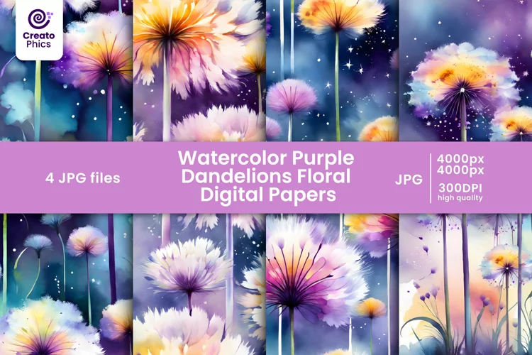 watercolor purple dandelion digital paper and floral pattern