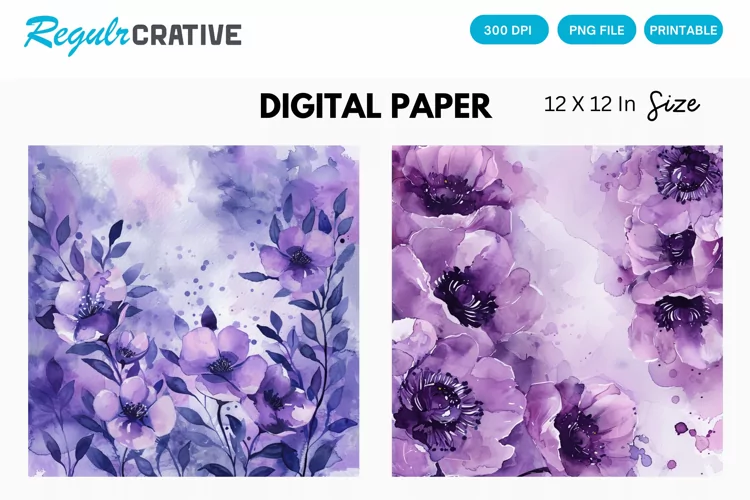 Watercolor Purple Floral Digital Paper, Floral Background