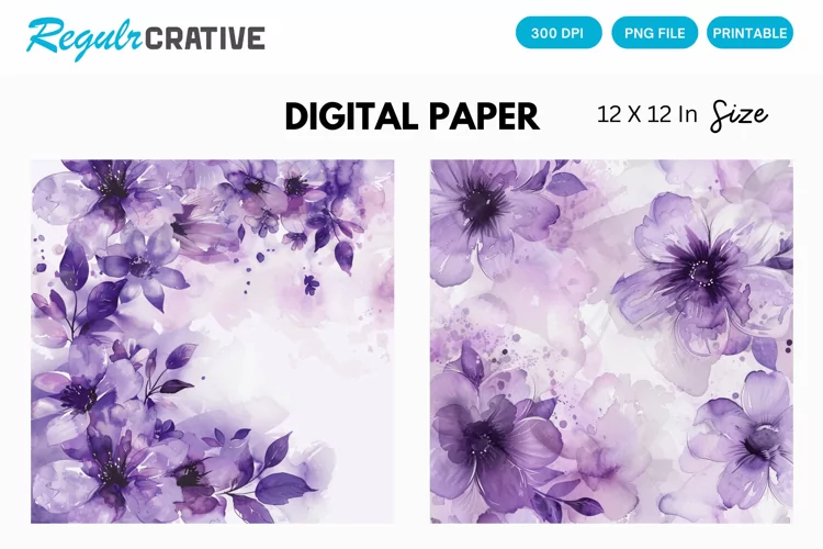 Watercolor Purple Floral Digital Paper, Floral Background