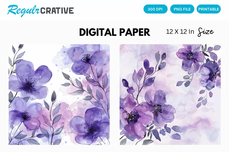 Watercolor Purple Floral Digital Paper, Floral Background