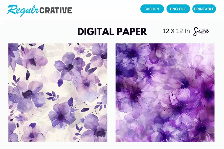 Watercolor Purple Floral Digital Paper, Floral Background