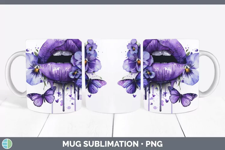 Watercolor Purple Lips Mug Wrap Sublimation Coffee Cup Desig