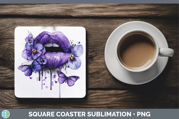 Watercolor Purple Lips Square Coaster Sublimation Coaster De