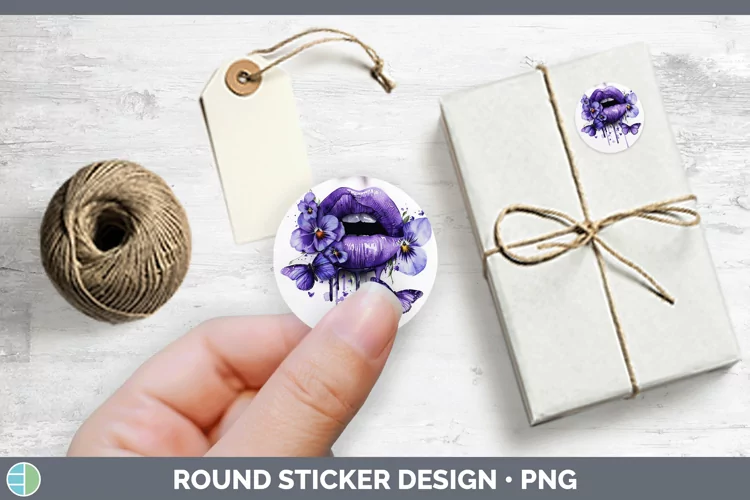 Watercolor Purple Lips Stickers | Round Labels Designs