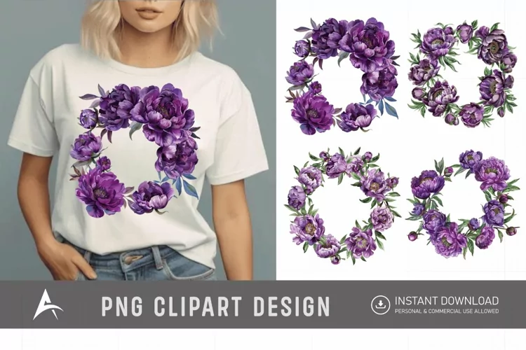 Watercolor Purple Peony Wreath Clipart