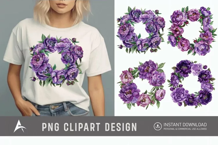 Watercolor Purple Peony Wreath Clipart