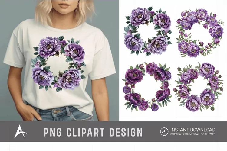 Watercolor Purple Peony Wreath Clipart