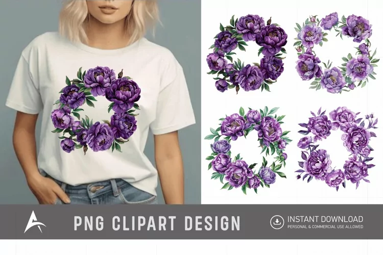 Watercolor Purple Peony Wreath Clipart