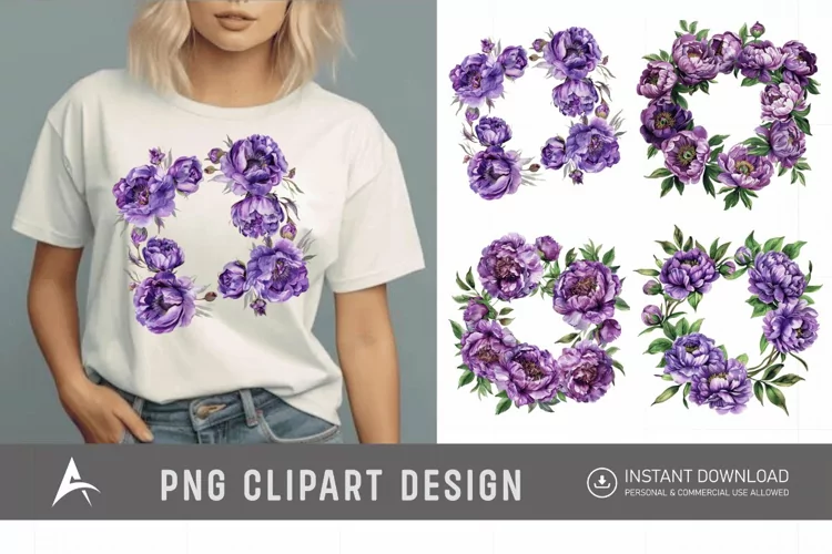 Watercolor Purple Peony Wreath Clipart