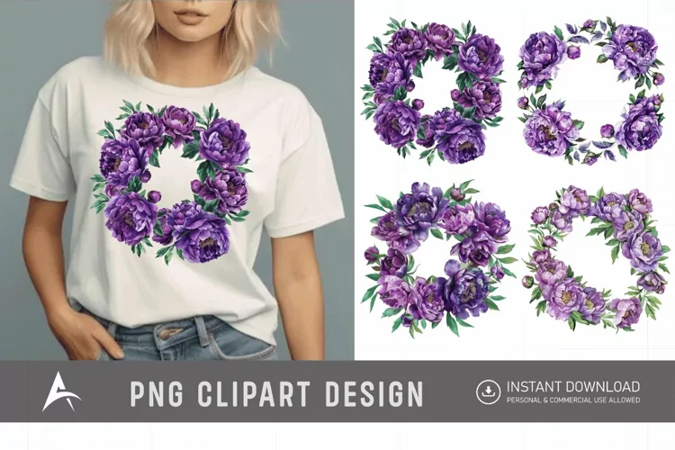 Watercolor Purple Peony Wreath Clipart