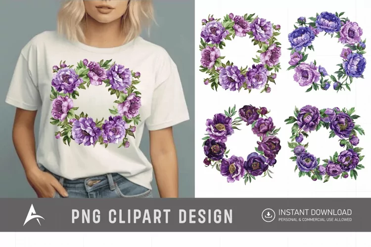 Watercolor Purple Peony Wreath Clipart