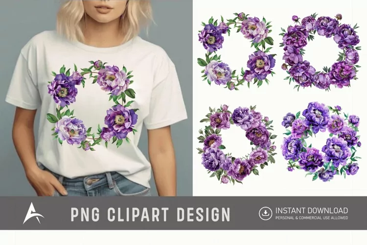 Watercolor Purple Peony Wreath Clipart