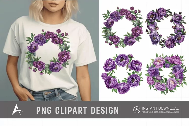 Watercolor Purple Peony Wreath Clipart