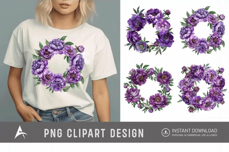 Watercolor Purple Peony Wreath Clipart