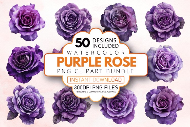 Watercolor Purple Rose Clipart Bundle