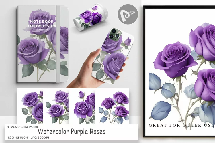 Digital Paper Watercolor Purple Roses