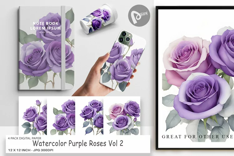 Digital Paper Watercolor Purple Roses